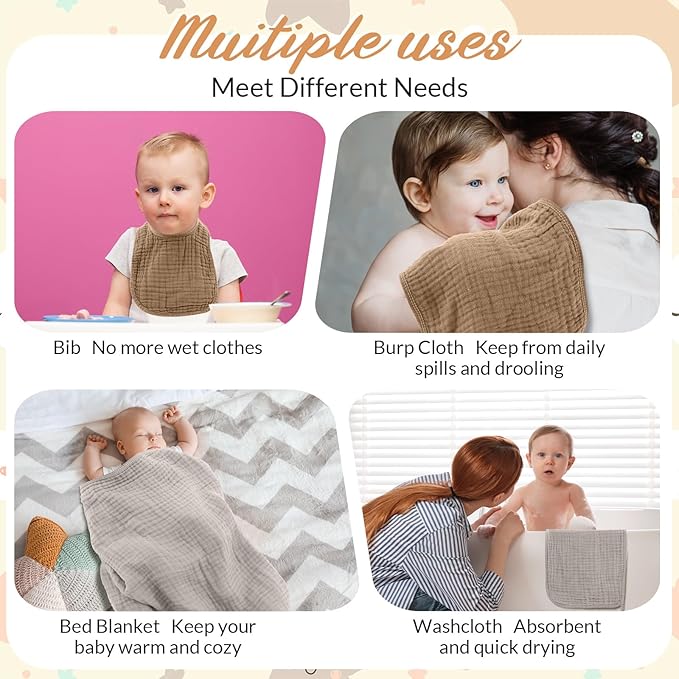 Hahafelt 6 Pcs Muslin Hooded Bath Towels Washcloths and Bibs Set, Muslin Cotton Baby Towels Absorbent Hooded Blanket Towel Infant Bibs for Boys Girls Newborn Infant Essential(Brown, Beige)