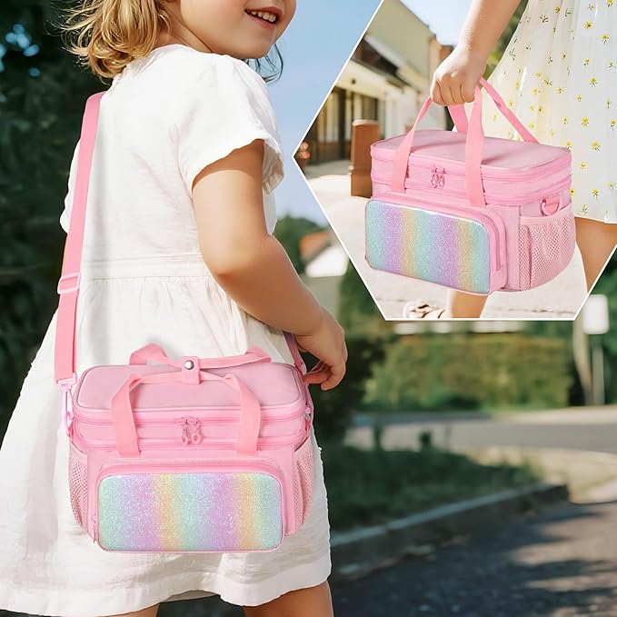 GRAOSO Hair Bow Organizer for Baby Girls, Double Layer Hair Accessories Storage Bag, Rainbow Sequins Design, with Handle and Detachable Shoulder Strap (Case only) (Pink)