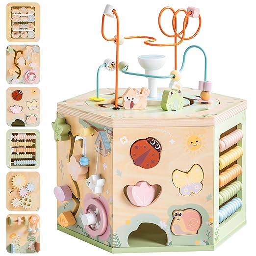 ROBUD Wooden Activity Cube, Montessori Toys for 1+ Year Old, Educational Toy with 13 Functional Areas, Fountain Garden Theme for Baby Boys & Girls