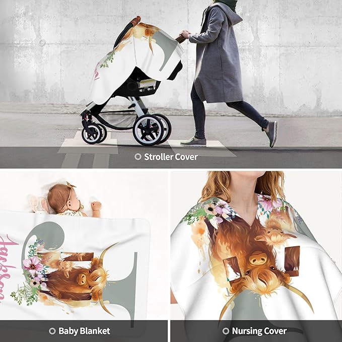 Personalized Highland Cow Carseat Cover for Baby Custom Name Car Seat Canopy for Newborn Baby Boys Girls 2 in 1 Mom Nursing Breastfeeding Covers Minky Baby Carrier Stroller Covers