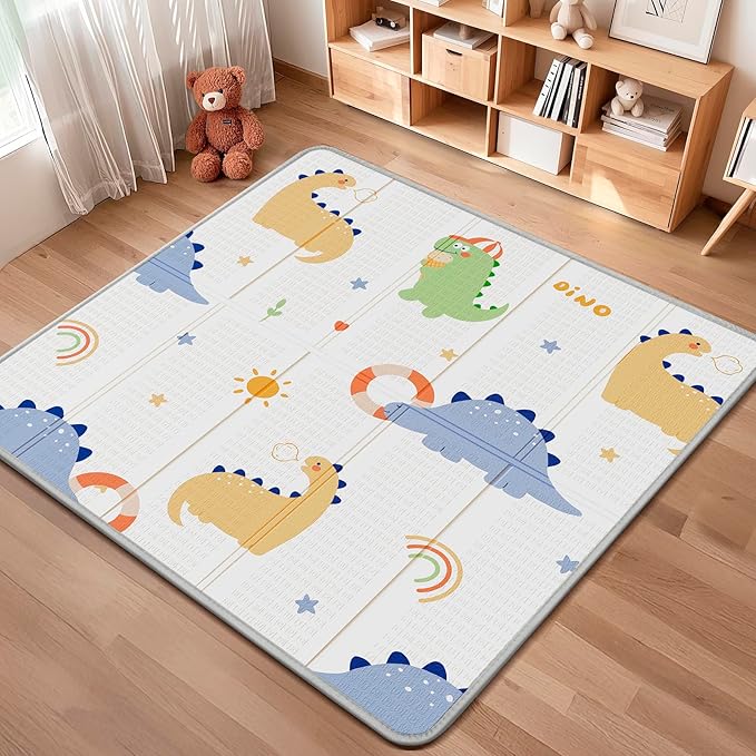 Foldable Baby Play Mat, PIGLOG 50" x 50" Waterproof Playmat for Playyards for Babies, Safe Foam Playmat for Tummy Time, Reversible Playmats, Portable Floor Mat for Infant, Toddler，Dinosaurs + Rainbow