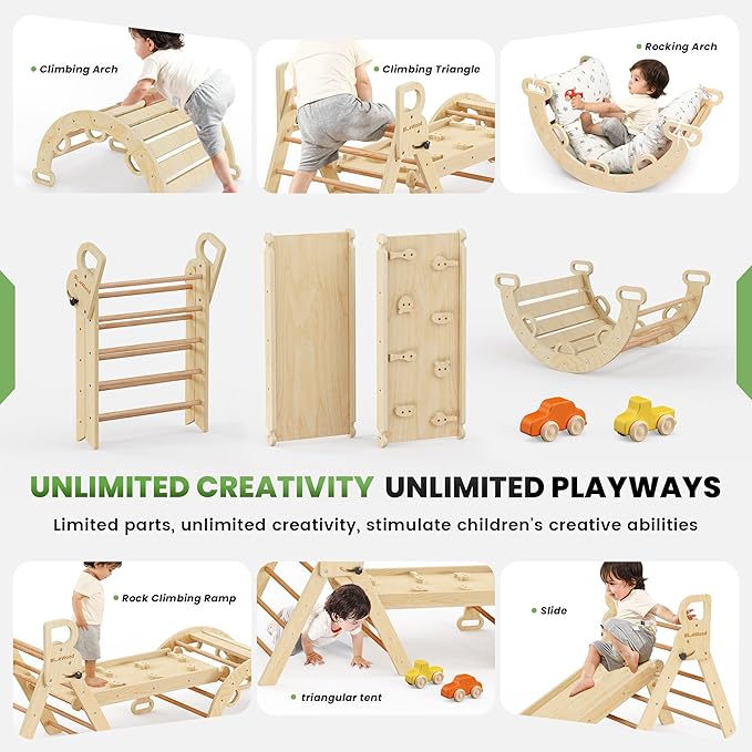 BlueWood Pikler Triangle Set with Cushion - Climbing Toys for Toddlers 9-in-1, Montessori Philosophy Play Jungle Gym with Arch, Ramp, Ladder (Natural Color)
