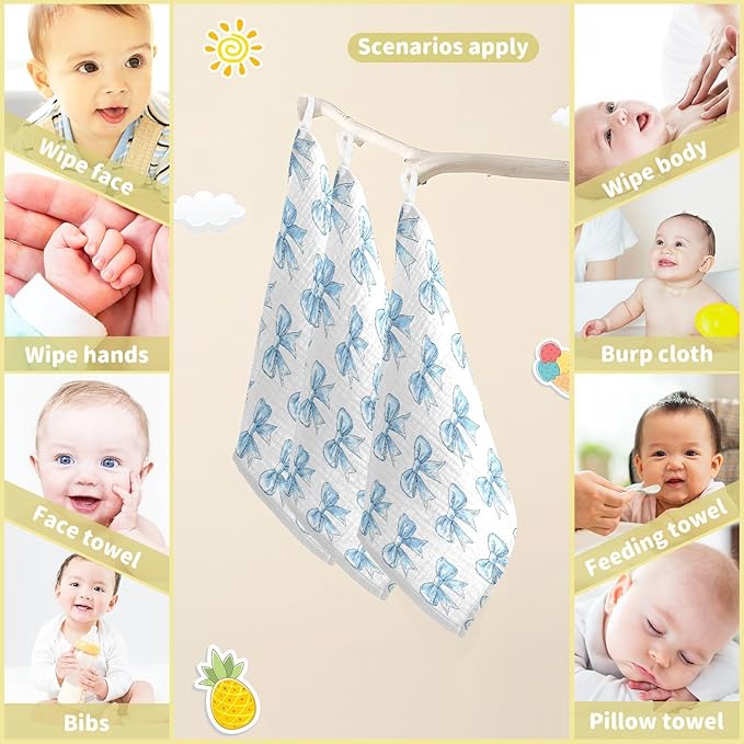 vvfelixl Baby Muslin Washcloths Light Blue Silk Bow Baby Burp Cloths Cotton Babys Face Towel for Newborn Infants Boys Girls Soft and Absorbent 11.8 X 11.8 in, 3 Pack
