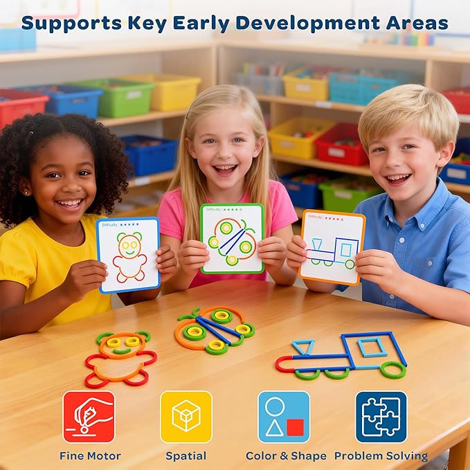 Montessori Smart Sticks Learning Set with Rings and Challenge Cards, 120PCS Creative Building Kit, STEM Toys for 3 4 5 Year Old Kids, Preschool Montessori Learning Activities