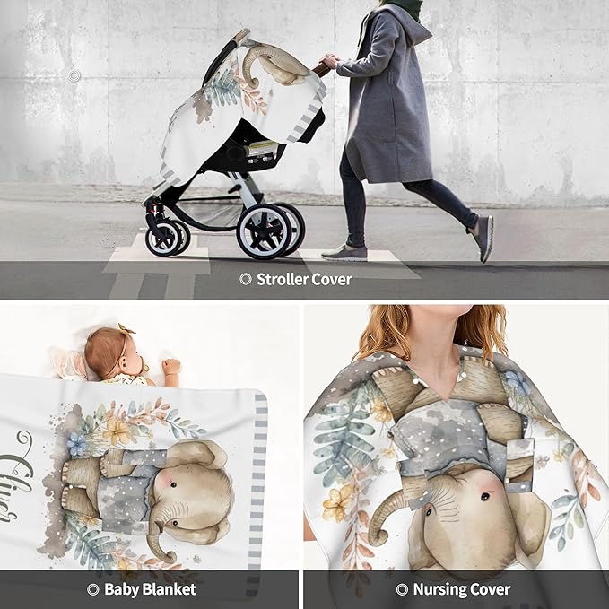 Personalized Winter Carseat Cover for Baby Custom Name Car Seat Canopy for Newborn Baby Boys Girls 2 in 1 Mom Nursing Breastfeeding Covers Elephant Minky Baby Carrier Stroller Covers