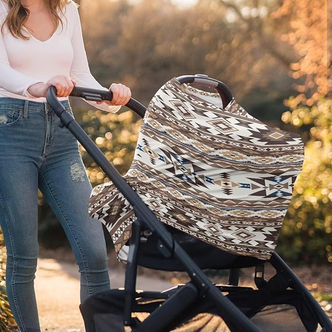 Binienty Light Brown Tribal Geometric Car Seat Cover for Babies, Breathable Breastfeeding Scarf for Moms, Extra Soft and Stretchy Nursing Covers for Boys Girls