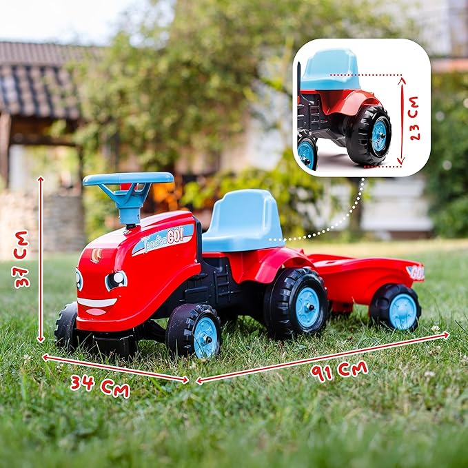 Falk 200B Porteur Tractor Go avec remorque et kit de Stickers alternatifs, Red, Blue