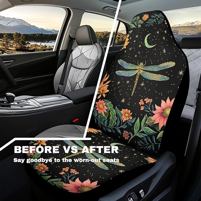 Dragonfly Car Seat Covers Elastic Fabrics Waterproof Car Seat Cover Easy to Install Auto Interior Accessories 2 Pcs Set for SUV, Vans,Sedan,Truck