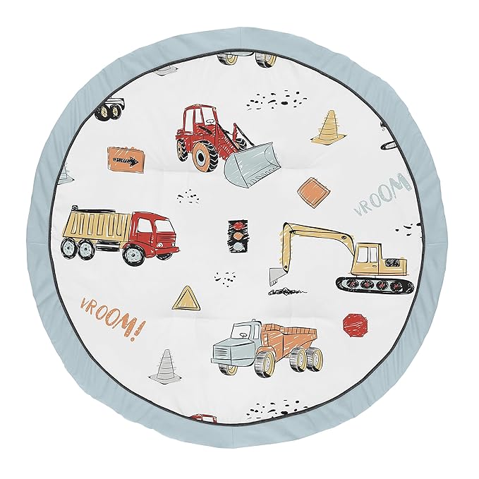 Sweet Jojo Designs Construction Truck Boy Baby Playmat Tummy Time Infant Play Mat - Grey Yellow Orange Red and Blue Transportation