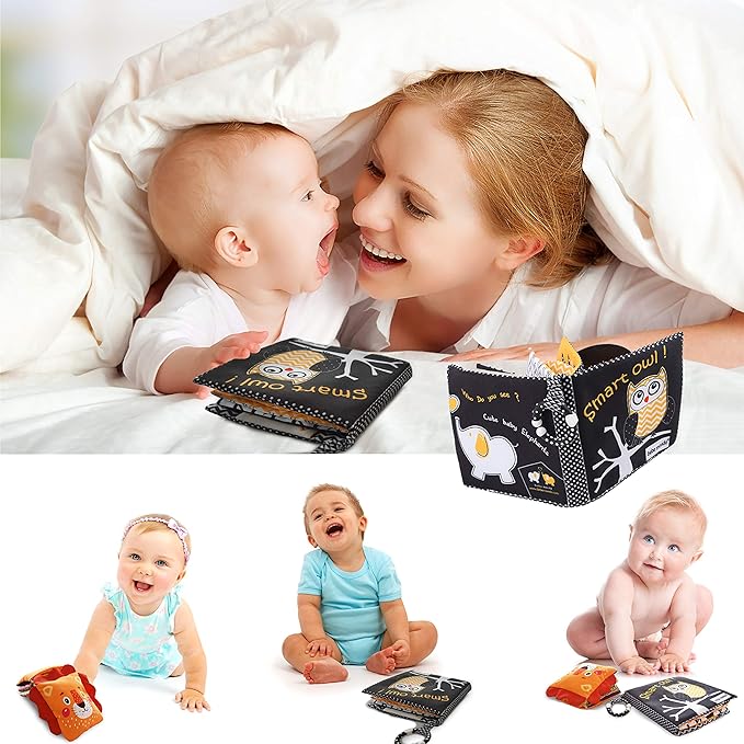 Touch and Feel Cloth Crinkle Books for Babies Infant, Baby Books Toys 0-3-6-12 Months, Easter Shower Baby Gifts, High Contrast Toy,Teething Teethers, Tummy Time Mirror Toys for Boys and Girls-Owl