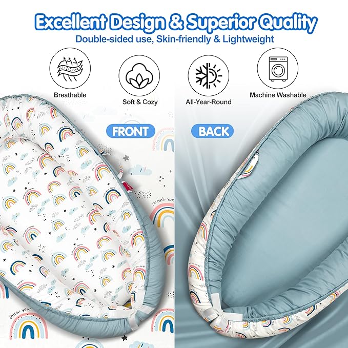 BUTOA Baby Lounger - Baby Lounger for Newborn 0-24 Months, Breathable & Soft Baby Nest, Portable and Lightweight Lounger for Home and Travel, Ideal Newborn Babies Essentials (Blue-Rainbow)