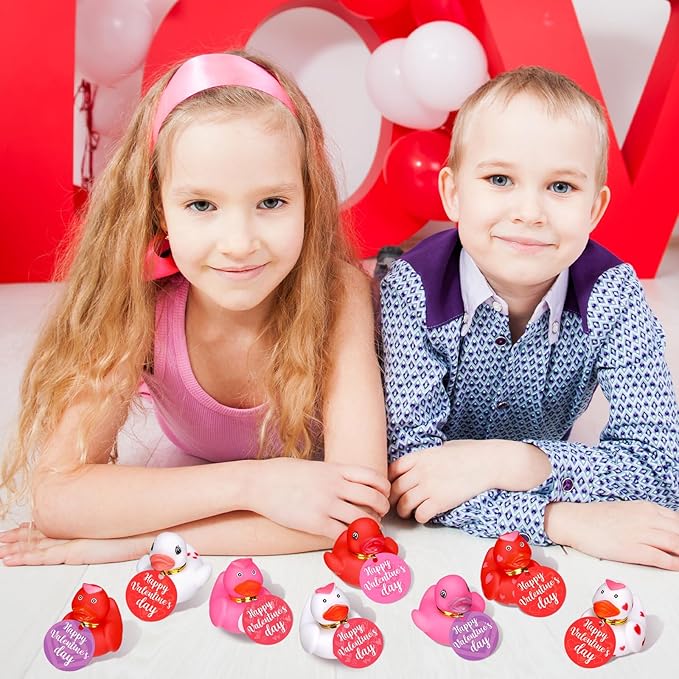 MiniInflat 48 Set Valentine's Day Rubber Duckies with Gift Cards Valentines Mini Rubber Duck Bath Gift for Girl Boy Heart Duck Bathtub Pool Gift Classroom Exchange Prize Gift Valentines Party Favor