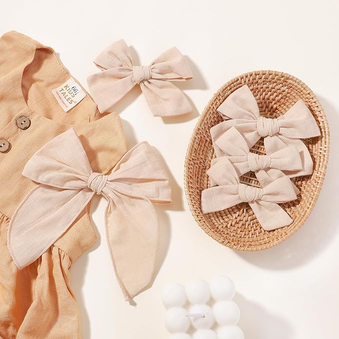 YHXX YLEN 5PCS Khaki Cotton Linen Hair Bows for Girls Handmade Alligator Clip Hair Accessories for Babies Infant Toddlers Kids(5inch×1, 4inch×2, 3.5inch×2)