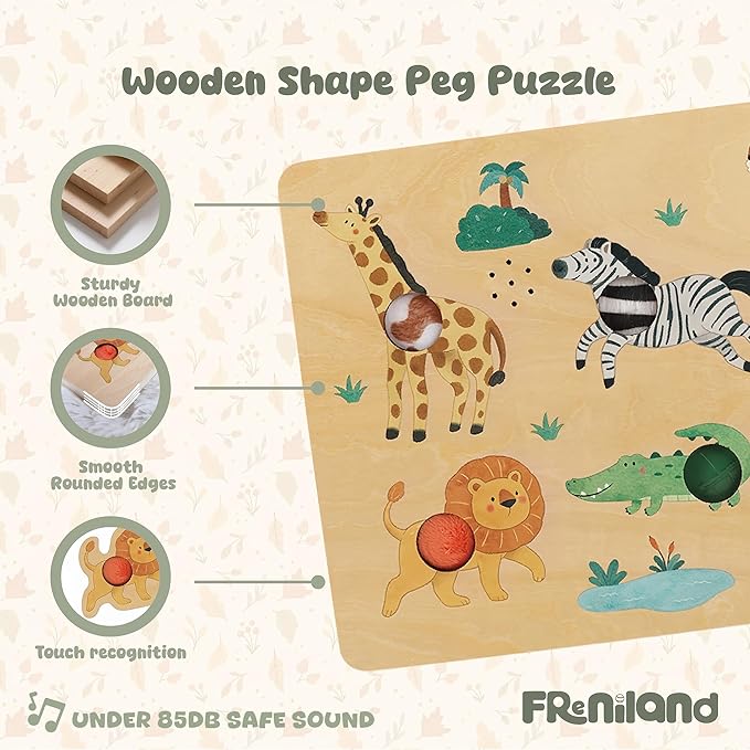 Freniland Press-to-Play Wild Animal Sound Puzzle for Toddlers, Wooden Safari Sound Board with Push Buttons, Montessori Learning Toy for 18M+