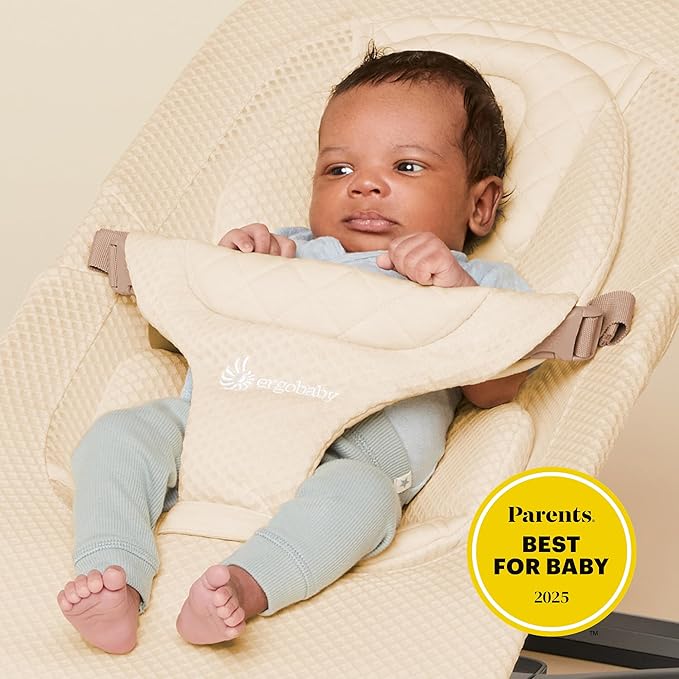 Ergobaby Evolve 3-in-1 Bouncer Seat for Babies and Toddlers 5.5-25lbs - Multi Position Baby Rocker Seat with Adjustable Heights, Secure Harness, Newborn Insert - Mesh Cream
