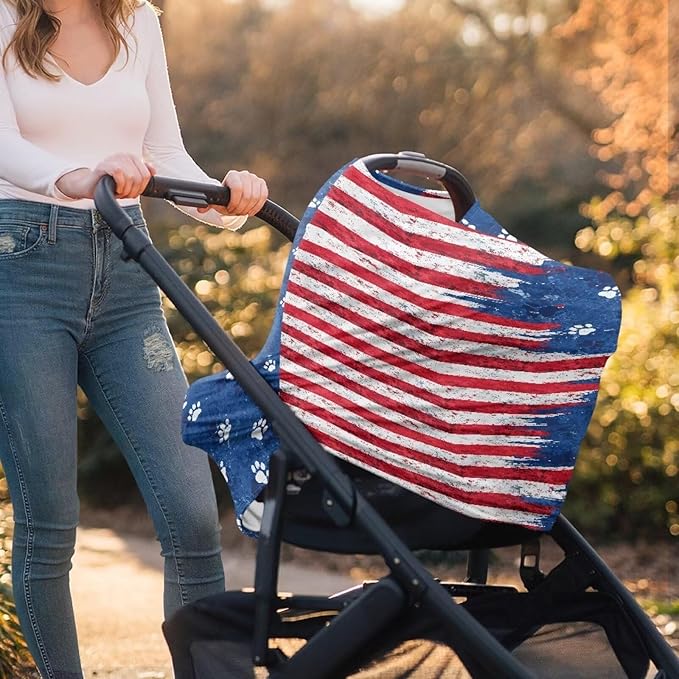 Binienty American Flag Baby Car Seat Covers,Dog Paw Print Baby Car Seat Covers Multi-use Carseat Canopy for Girls Boys, Women's Mom's Nursing Cover Breastfeeding Scarf