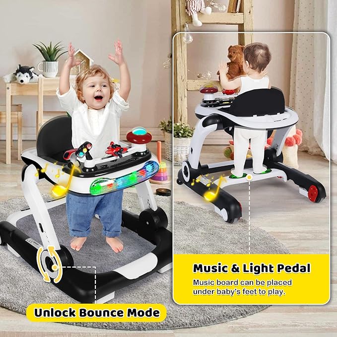 TODEFULL 6 in 1 Baby Walker, Baby Activity Walker for Toddler, Push Walker w/Adjustable Height Speed, Learning-Seated & Walk-Behind, Infant Walker w/Feeding Tray & Music Toys, Black
