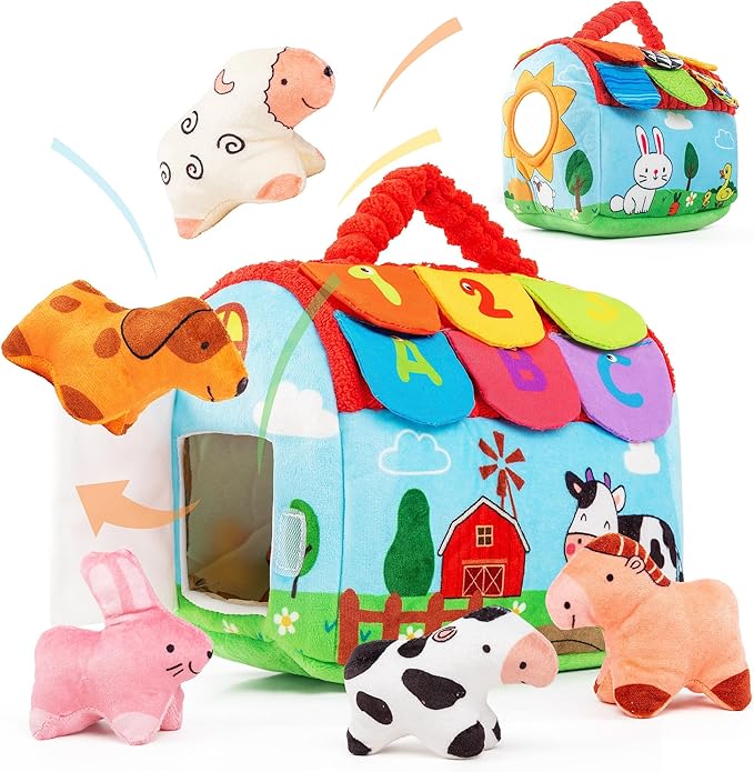 Baby Sensory Toys 6-12 Months, Montessori Stuffed Farm Animals with Rattle Crinkle Mirror, Soft Plush Toys for 6 Months+, Easter Basket Stuffers Gifts for Infant Boys Girls