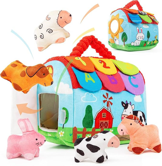 Baby Sensory Toys 6-12 Months, Montessori Stuffed Farm Animals with Rattle Crinkle Mirror, Soft Plush Toys for 6 Months+, Easter Basket Stuffers Gifts for Infant Boys Girls