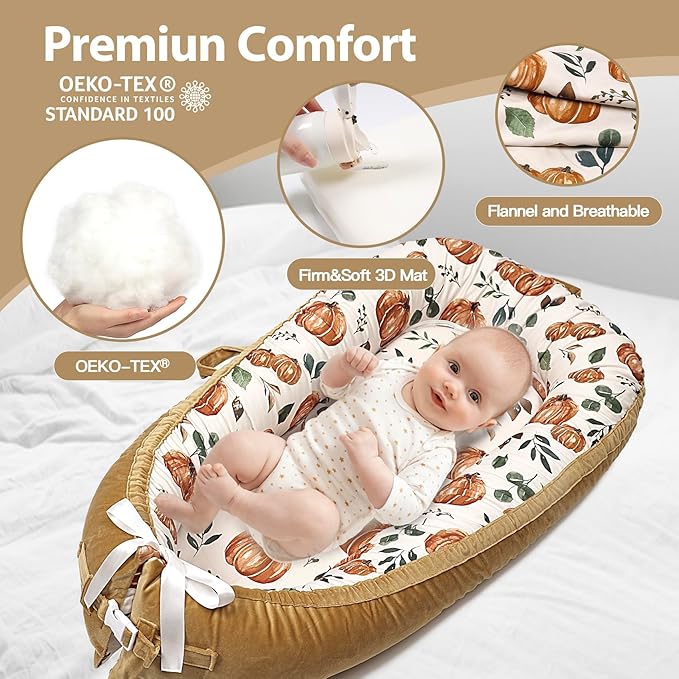 Infant Support Cushion - Breathable and Soft Organic 100% Cotton, Portable Tummy Time Mat with Removable Cover, Newborn Baby Essentials Gifts for 0-24 Months - Punpkin