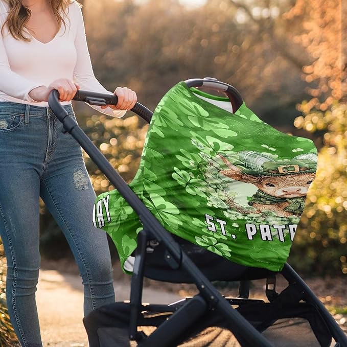 Wanyint Baby Car Seat Cover Cute Carseat Canopy for Babies Boys Girls Multi-Use Nursing Breastfeeding Covers Nursing Scarf for Saint Patrick's Day Decor, Highland Cow Clover Retro