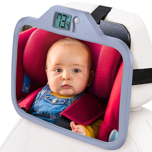 Theromirror - Baby Car Mirror with Temperature Display, Rear Facing Car Seat Mirror, Newborn Essentials, Wide Angle (Gray)