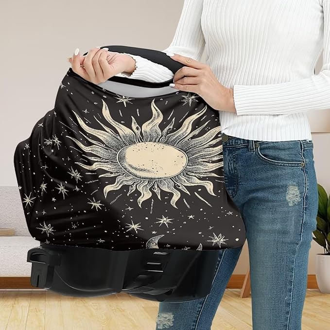 Moon and Sun Car Seat Canopy Breastfeeding Cover,Multi Use Baby Stroller and Carseat Cover Nursing Covers Boys and Girls Shower Gifts,Black