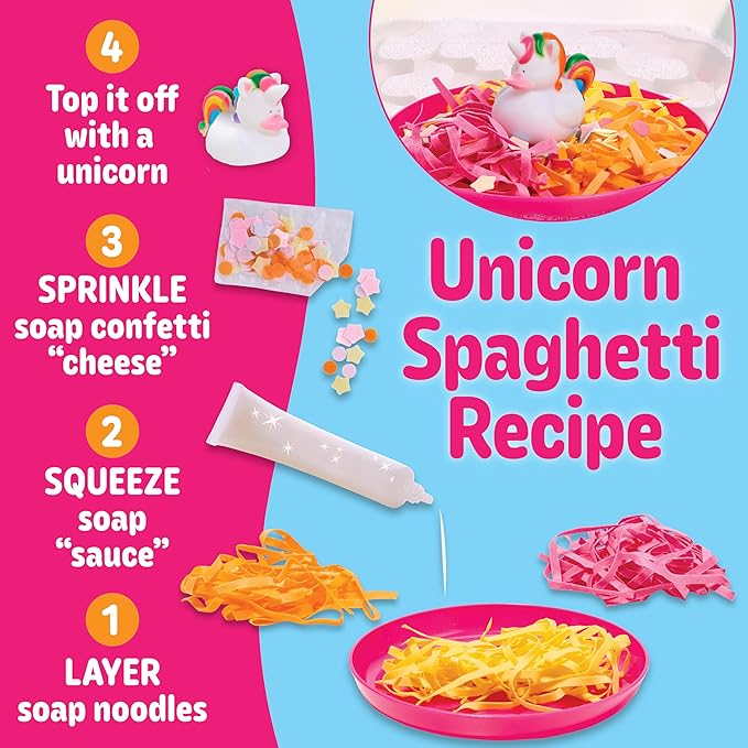 Creativity for Kids Soap Noodles Unicorn Spaghetti Bath Set | Mix, Layer & Play with Rainbow Soap Noodles, Confetti & Foamy Soap Sauce | Sensory Bath Toys & Unicorn Crafts for Girls (Ages 3+)