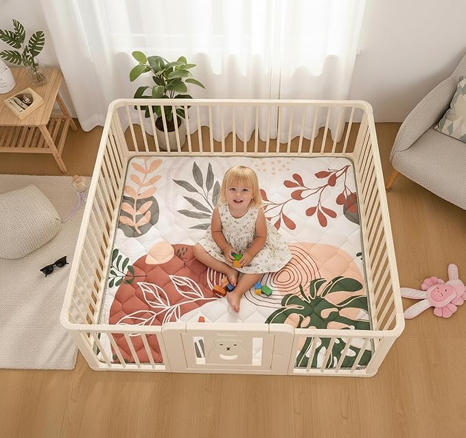 TADO MUSLIN Baby Play Mat 50x50 Inch, Thickened Soft Floor Mat for Playpen, Machine Washable Foam Crawling Mat with Non-Slip Bottom for Babies and Toddlers, Foldable Padded Playmat