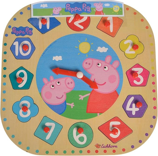 Eichhorn Peppa Pig 109265704 Learning Clock with 12 Plug-in Parts, 13-Piece Set, FSC 100% Certified Linden Plywood, 25 cm, Multi-Coloured