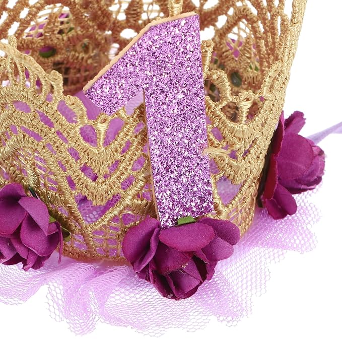 1st Birthday Tiara Headband for Baby Girl - Glitter Number Tiara, Flower Headband, Toddler Infant Kids Purple Hat