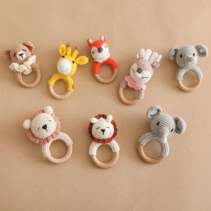 Wooden Baby Rattle，Crochet Bear Rattle with Wood Ring, Newborn Wooden Animal Rattle Toy，Infant Bear Wood Rattle Toys