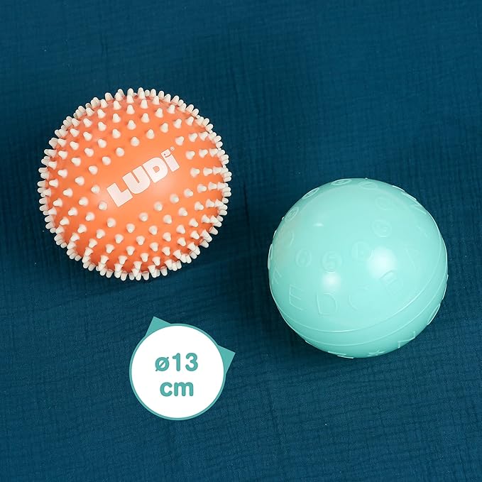 Ludi - 2 Soft Ribbed & Spiky Sensory Balls - Baby Activity Toy - from 6 Months - Develops Touch, Fine Motor Skills & Discovery - Diameter 13 cm - Orange & Blue