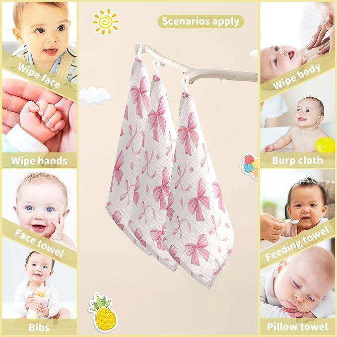 Burbuja Pink Bow Baby Washcloths - Muslin Cotton Soft Absorbent Baby Towel for Newborn Baby Sensitive Skin - Baby Essential Item, 12x12 in, 5 Pack