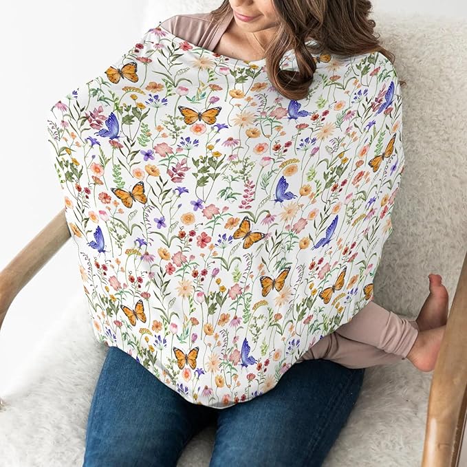 Vintage Wildflowers Butterflies Car Seat Cover for Babies Colorful Spring Blossoms Stretchy 5-in-1 Cover Adjustable Infant Carseat Canopy Cover Retro Wild Plant Breathable Nursing Cover-Up