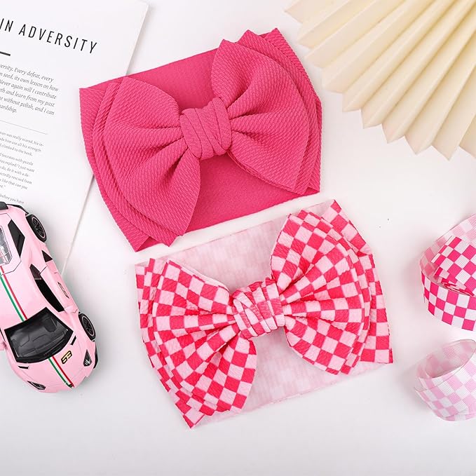 YanJie 2PCS 7’’ Hot Pink Bows for Baby Girls Checkered Headband Double Layered Bow Infants Toddler Hair Accessories Newborn Headbands Baby Clothes