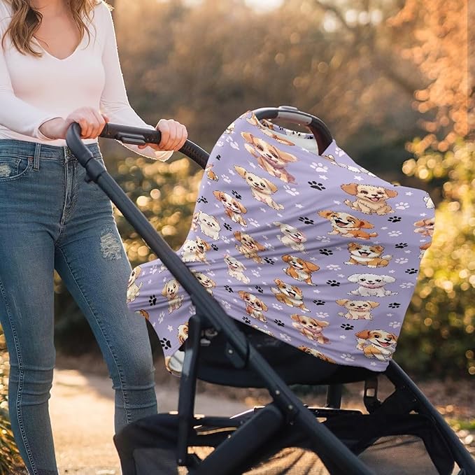 GIFTPUZZ Cute Puppy Car Seat Cover for Girls and Boys, Stretchy Breastfeeding Nursing Cover, Grocery Cart Cover, High Chair Cover, Baby Car Seat Covers Thermal Carseat Canopy
