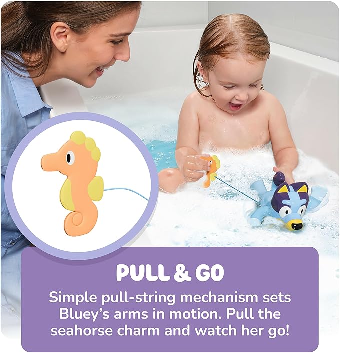 TOMY Toomies Swimming Bluey Bath Toy with Seahorse - Bluey Toys for Toddlers - Toddler Water Toys for Tub or Pool That Swims on Back or Front - Ages 18 Months and Up