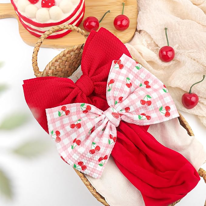 2 Pcs Baby Girl Headbands 6’’ Red Bows Cherry Hair Accessories Summer Outfits for Newborn Infant Toddler Girls Clothes