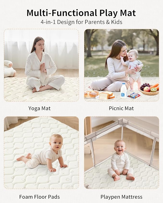 Fortella Extra Thick Baby Play Mat for 50" Playpen, 47"x47" Snug Fit Playpen Mat, Machine Washable Foam Play Mat for Floor - Portable, Non-Slip Tummy Time & Crawling Mat for Babies Toddlers (Forest Beige)