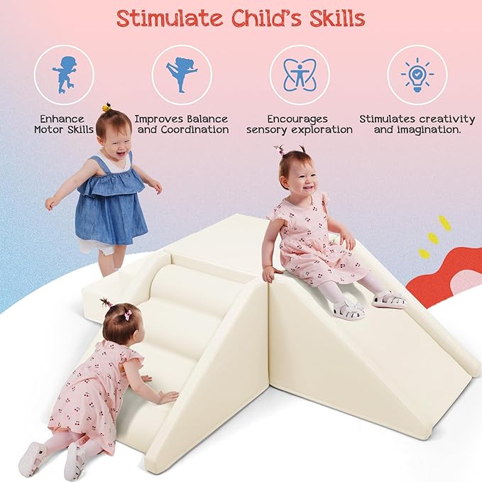Merax Indoor Climbing Toys for Toddlers, 9-Piece Foam Climbing Blocks Climb & Crawl Tunnel Soft Play Set (9-Piece Cream)