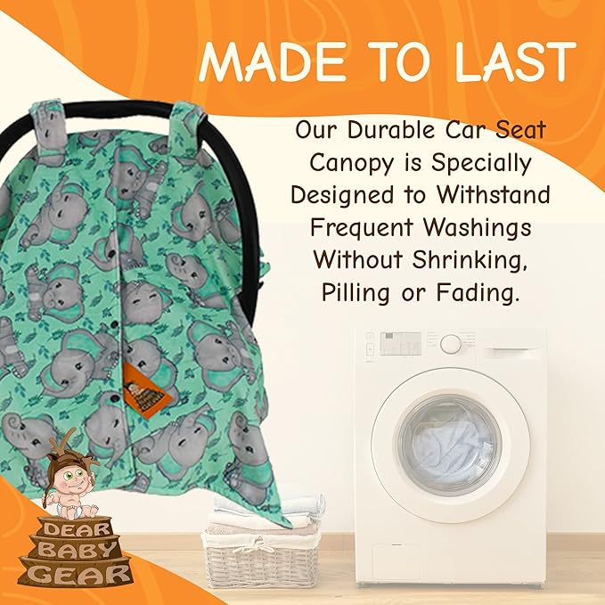 Dear Baby Gear Car Seat Cover for Boys & Girls - Baby Carseat Canopy w/Snap Opening - Infant Seat Cover - Nursing Covers - Newborn Carrier Canopy - 40x30 (Gray Elephants on Mint Foliage - Gray)