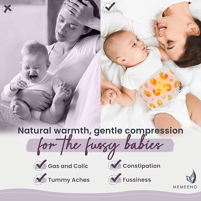 MEMEENO Baby Belly Band for Gas & Colic Relief - Heated Tummy Wrap for Newborns, Sleep Fox