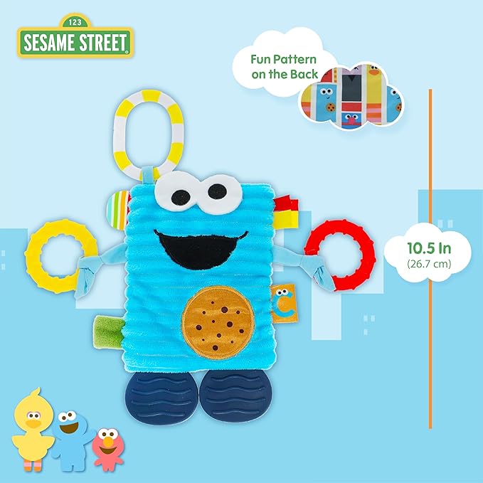 Kids Preferred Sesame Street Cookie Monster Tug & Tag Plush Sensory Toy for Newborns