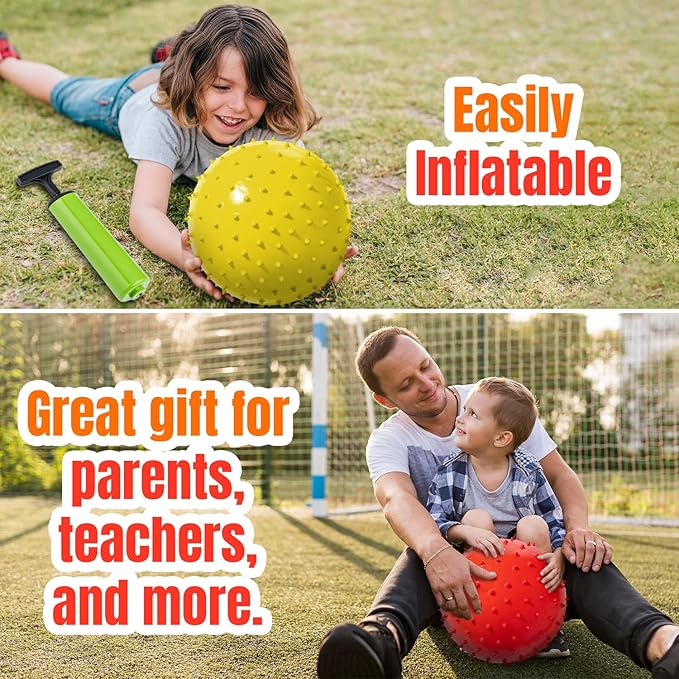 New Bounce Knobby Balls Set for Kids – Set of 4 Bumpy 8.5" Sensory Inflatable Balls with Pump – Textured Toys for Toddlers, Therapy, Outdoor Play, Party Favors & Dog Toys