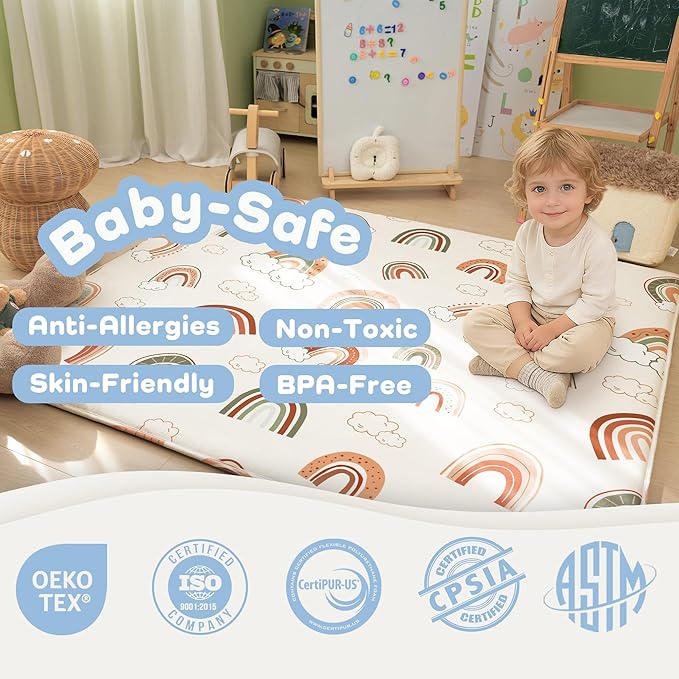 1.5" Thick Premium Baby Floor Play Mat, 71x59 Over-Sized Padded Memory Foam Mat, Tummy Time Crawling Playmat for Nursery Playroom Classroom, Rainbow