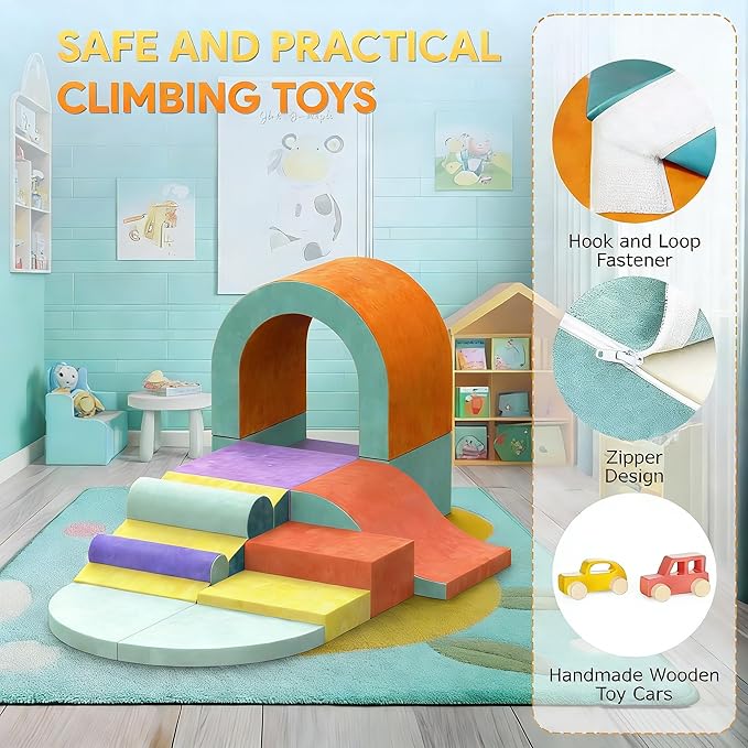 Foam Climbing Blocks for Toddlers, 12 PCS Colourful Toddler Climbing Toys Indoor, Soft Play Set with Toy Car, Flexible Crawling and Sliding Climbing Blocks