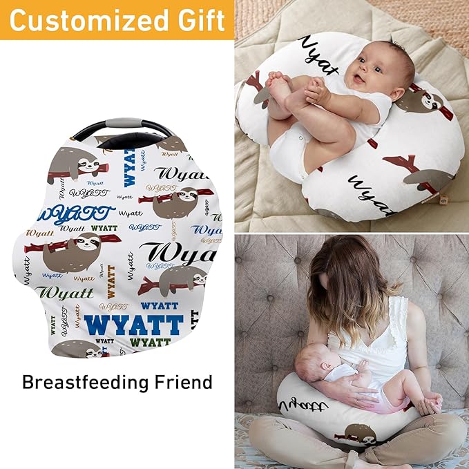 Personalised 7 in 1 Car Seat Cover for Girls and Boys - Multipurpose Breast Feeding Cover, White Sloth Print Nursing Cover, Grocery Cart Cover - Birthday Gift for Babies(27"x29")
