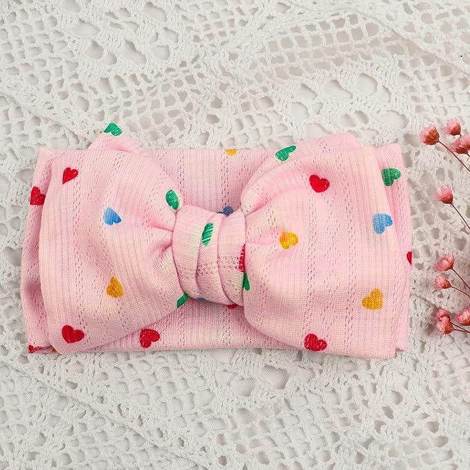 LemonSpace Handmade Baby Bow with Knotted Double Bows Stretchy Soft Cotton Infant Headwrap Comfortable Hair Accessories for Newborn,Toddler,Kids Ideal Gift for Birthday,Baby Shower(Heart Print)