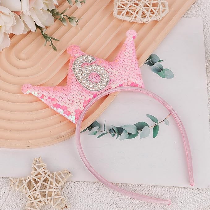 Birthday Crown Headband Pink Glitter Headbands for Girls Gifts for 6 Year Old Girl 6th Birthday Decorations for Girls